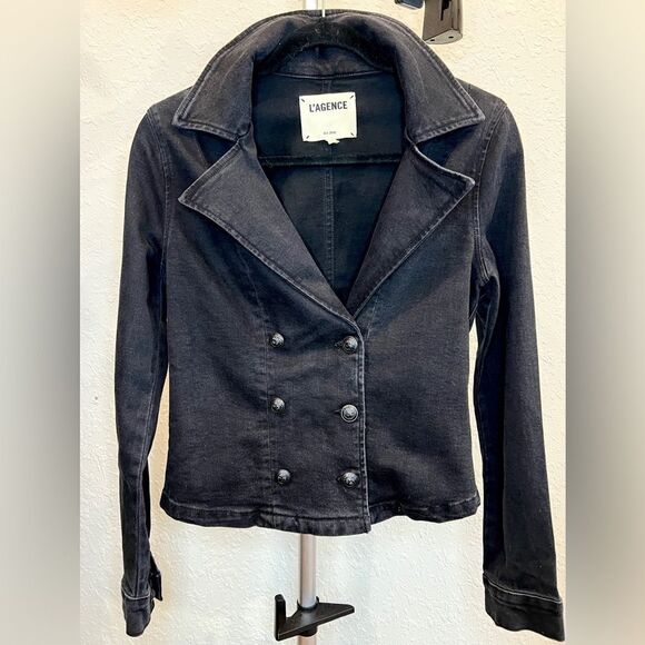 L’Agence Washed Black Admiral Crop Double Breasted Jacket Classic Lapel SMALL - Picture 7 of 14